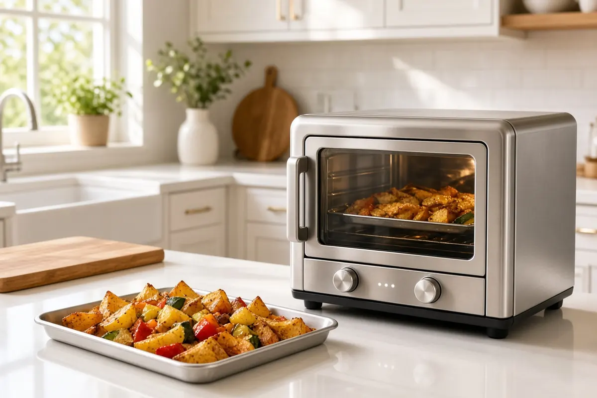 Stainless toaster-oven air fryer with roasted potatoes on a white counter