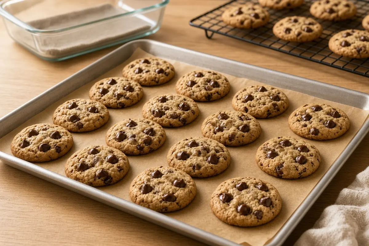 Chocolate chip cookies on a parchment-lined metal baking sheet