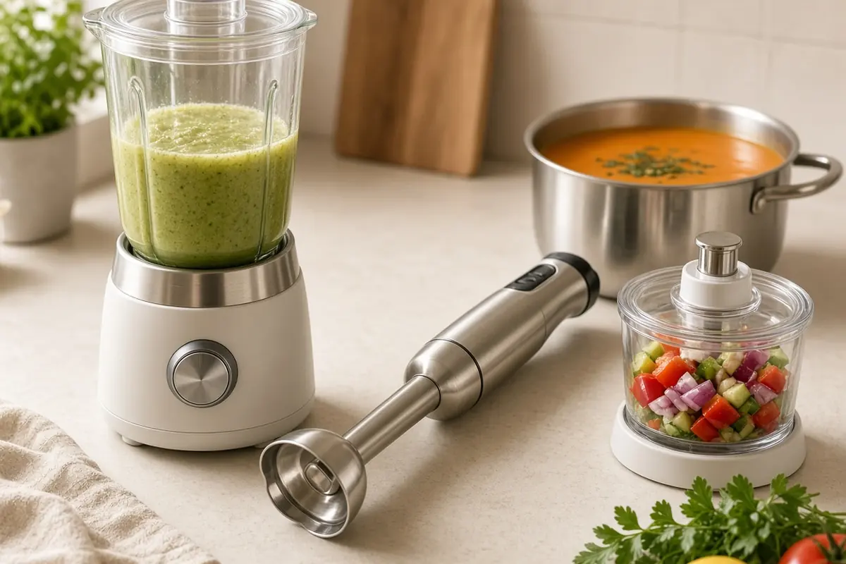 Blender with a green smoothie, a stainless immersion blender, a pot of soup and a small chopper of diced vegetables