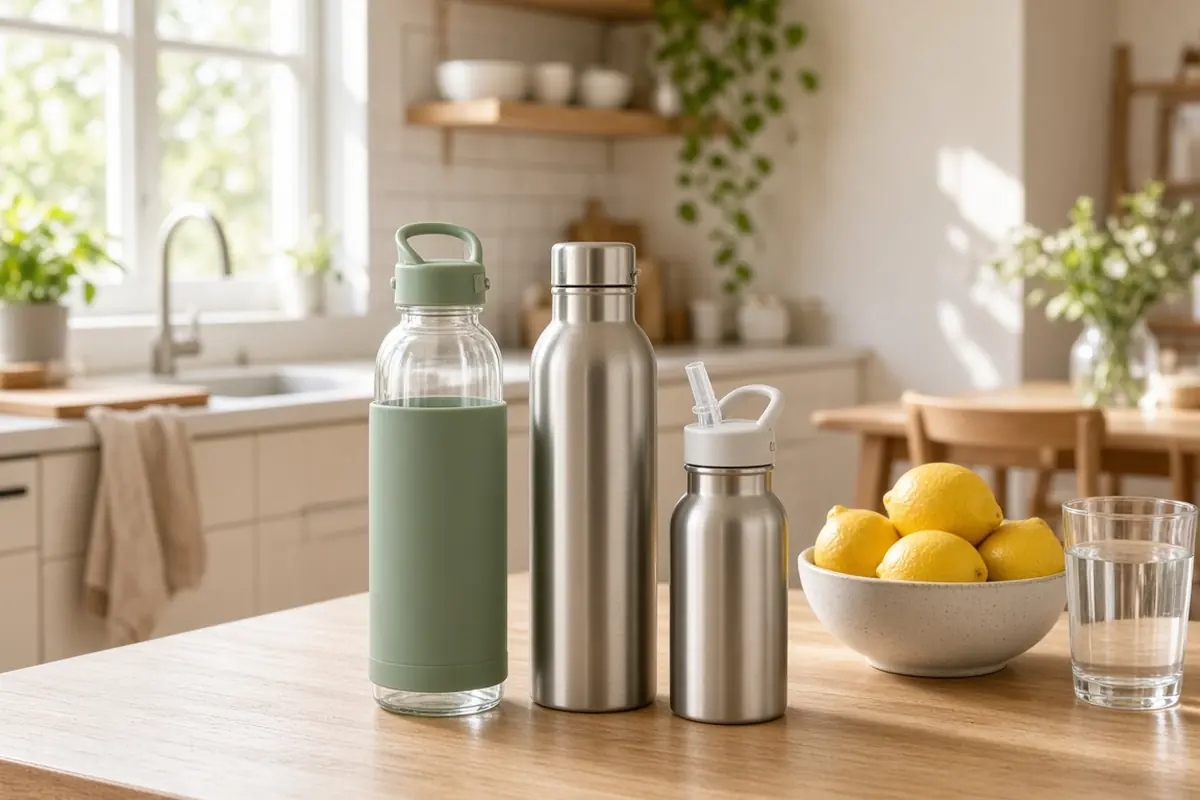 Glass and stainless steel water bottles on a kitchen counter with lemons
