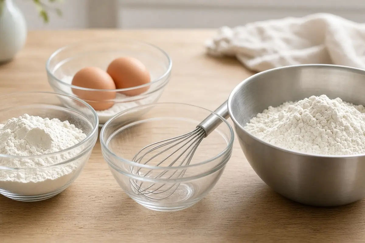 Clear glass mixing bowls and a stainless bowl with flour, eggs and a whisk