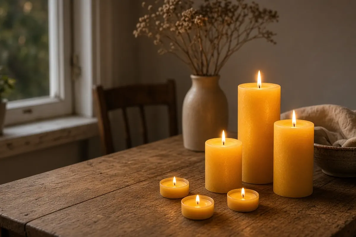 Golden beeswax pillar candles and tealights glowing on a wooden table