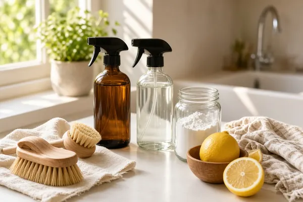 Wooden scrub brushes, glass spray bottles, baking soda and lemons