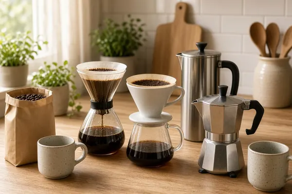 Glass pour-over coffee maker, a stainless French press and a moka pot on a wood counter