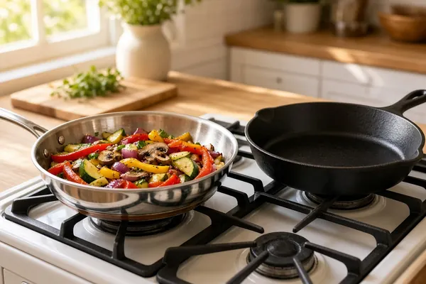 Stainless steel skillet of sauteed vegetables next to a cast iron pan on a sunny stovetop