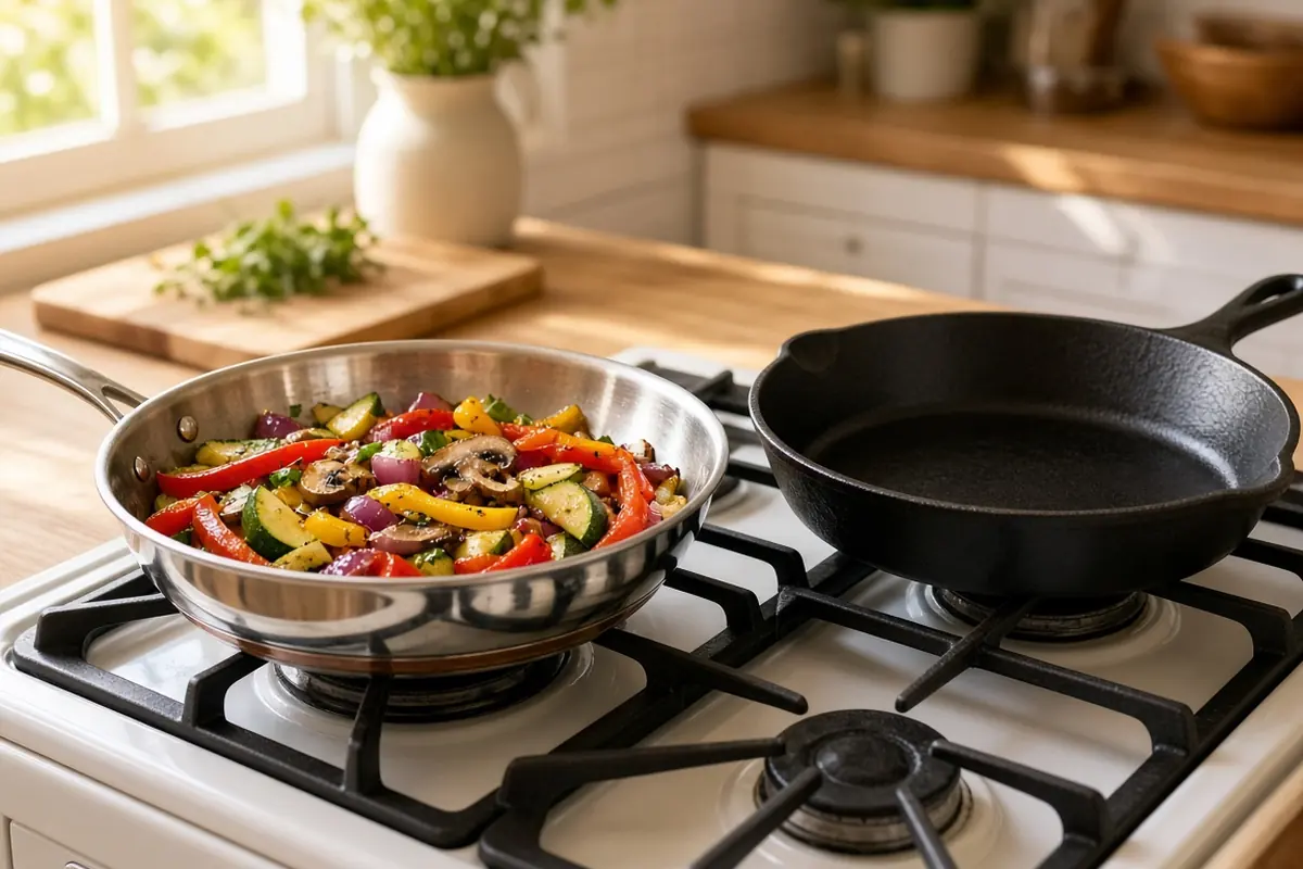 Stainless steel skillet of sauteed vegetables next to a cast iron pan on a sunny stovetop