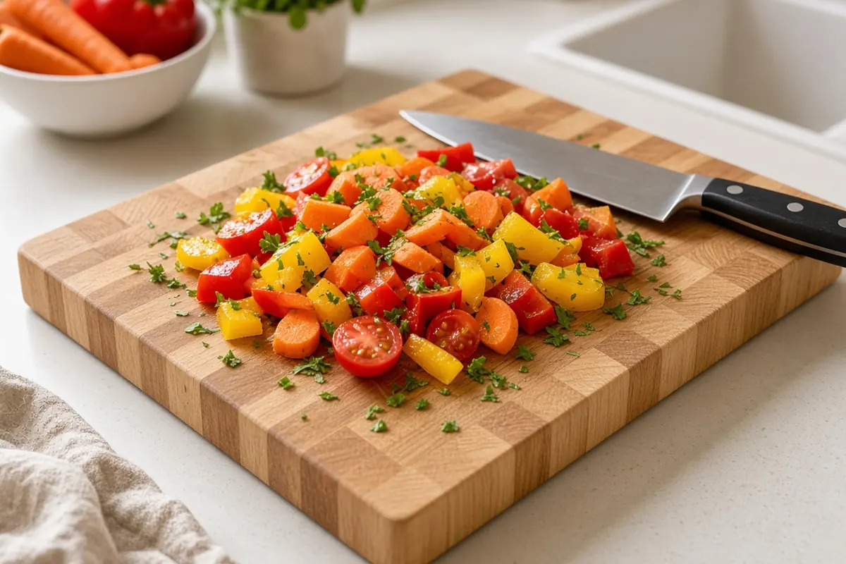 End-grain wood cutting board with chopped colorful vegetables and a chef's knife