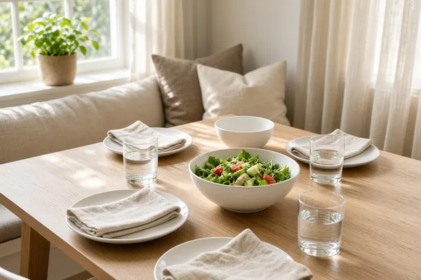 Table set with plain white plates, a salad bowl and clear drinking glasses