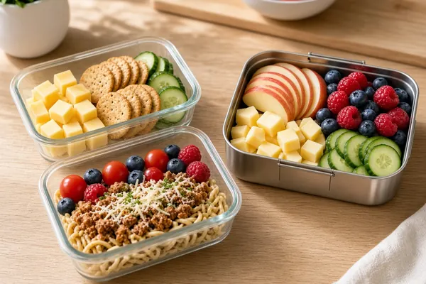 Glass containers and a stainless lunch box packed with fruit, cheese and crackers