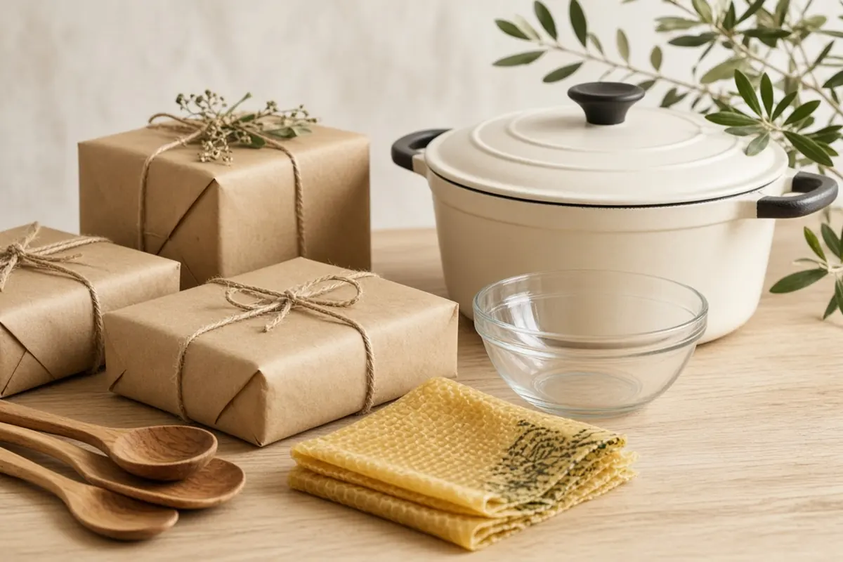 Kraft-wrapped gifts beside an enameled Dutch oven, wooden spoons, a glass bowl and a beeswax wrap