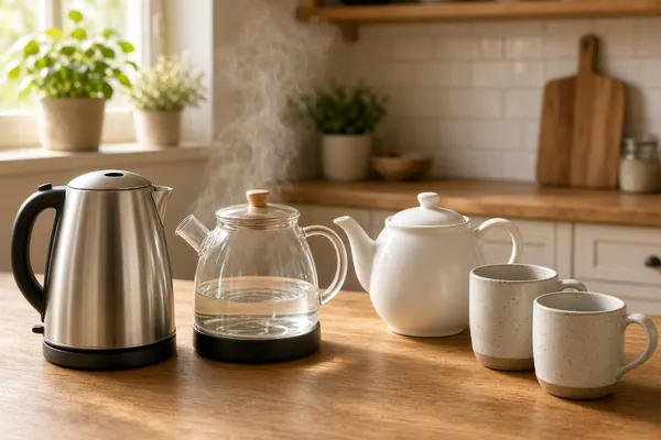 Stainless kettle, glass kettle and white porcelain teapot with stoneware mugs on a wood counter