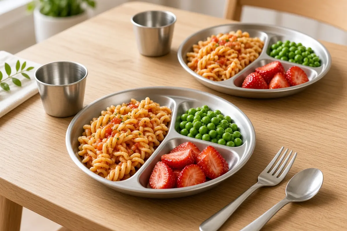 Stainless steel divided kids' plates with pasta, peas and strawberries