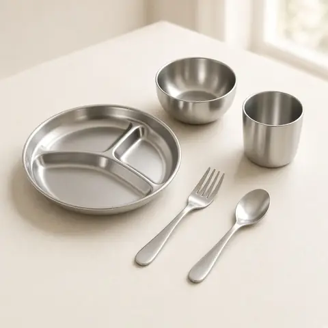 Illustrative photo for Ahimsa Stainless Steel Kids Dinnerware Set, 5-Piece (Classic)