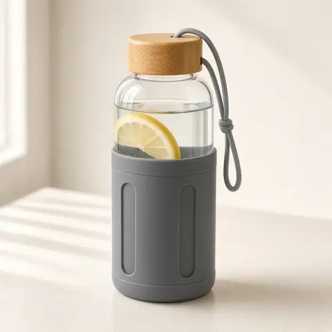 Illustrative photo for HY3 Borosilicate Glass Bottle with Bamboo Lid, 22 oz