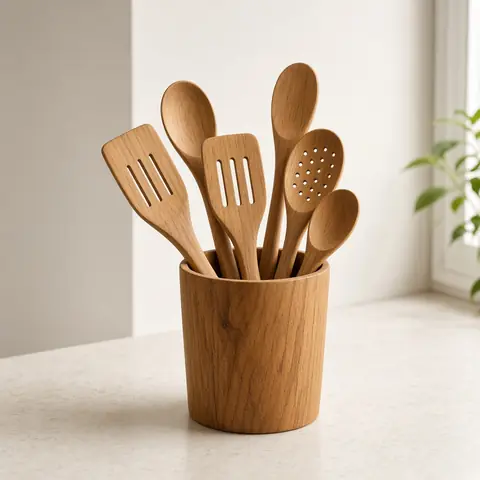 Illustrative photo for Mooues Teak Wooden Kitchen Utensil Set, 9 Pieces