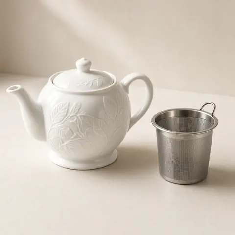 Illustrative photo for Toptier Leaf Porcelain Teapot with Stainless Infuser, 37 oz