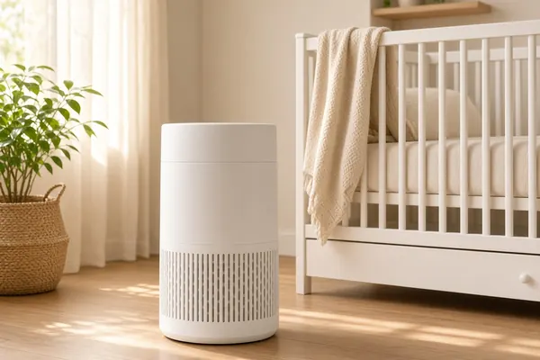 White air purifier beside a crib in a sunny nursery