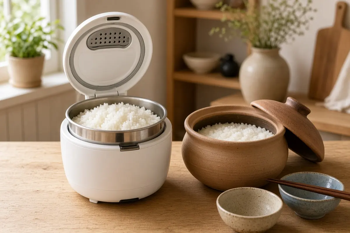 Rice cooker with a stainless inner pot of fluffy white rice beside a clay pot