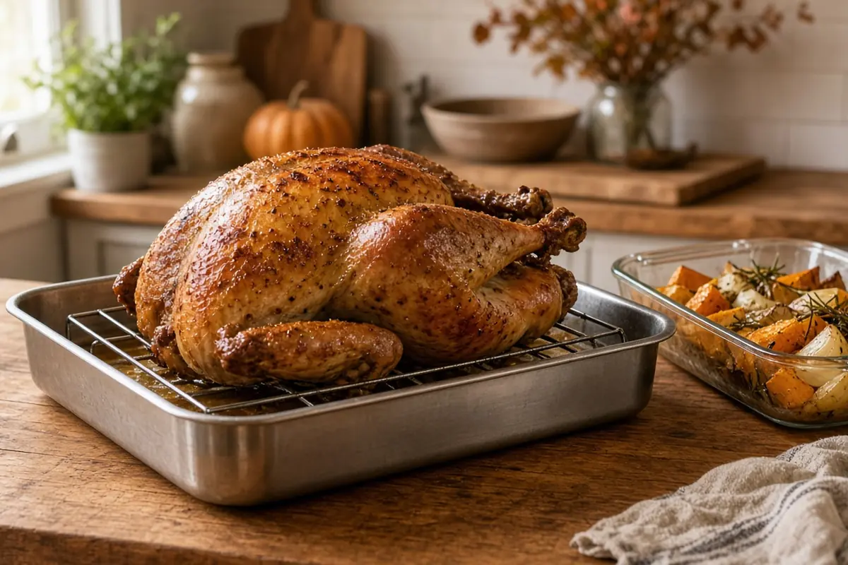 Roast turkey on a rack in a stainless steel roasting pan beside a glass dish of roasted vegetables