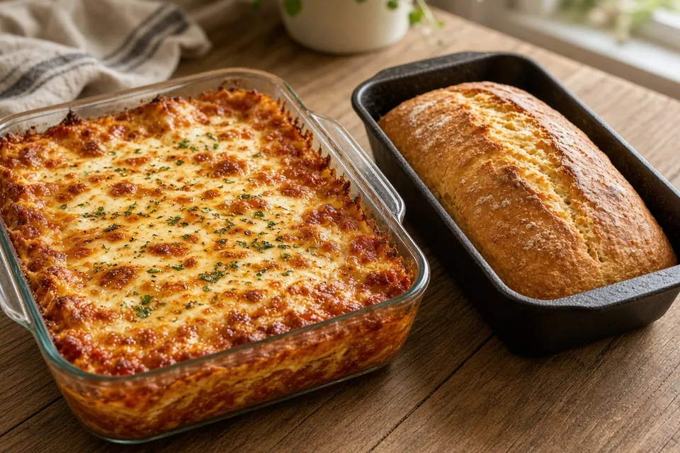 Glass baking dish of lasagna and a cast iron loaf pan with bread