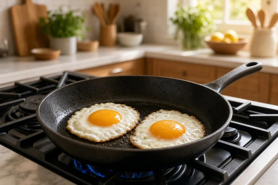 Seasoned carbon steel pan frying two eggs