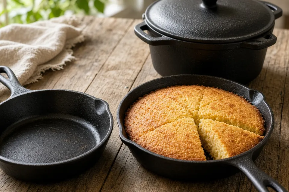 Cast iron skillets and a dutch oven, one with cornbread