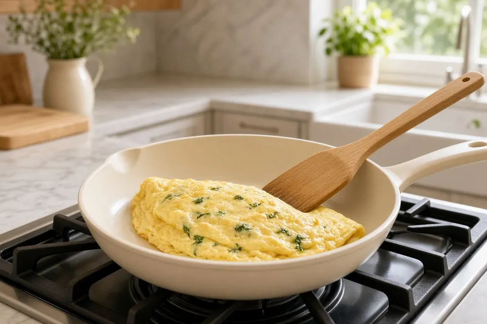 Cream ceramic nonstick pan with an omelette and wooden spatula