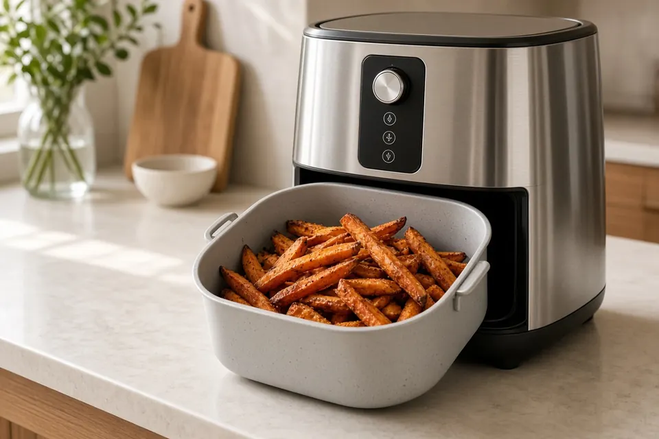 Stainless air fryer with a ceramic-coated basket of sweet potato fries