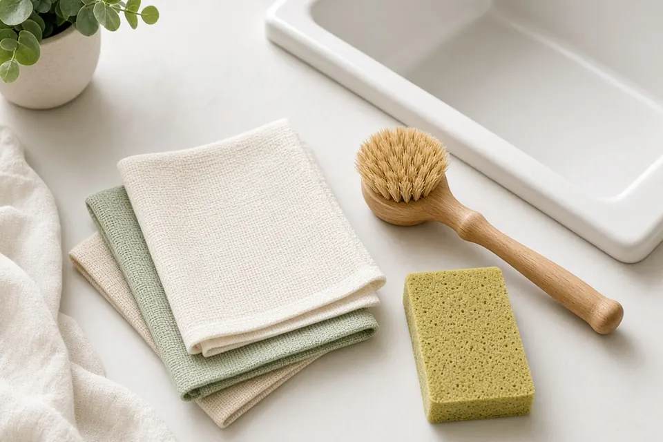 Cotton dish cloths, a wooden dish brush and a cellulose sponge by a white sink