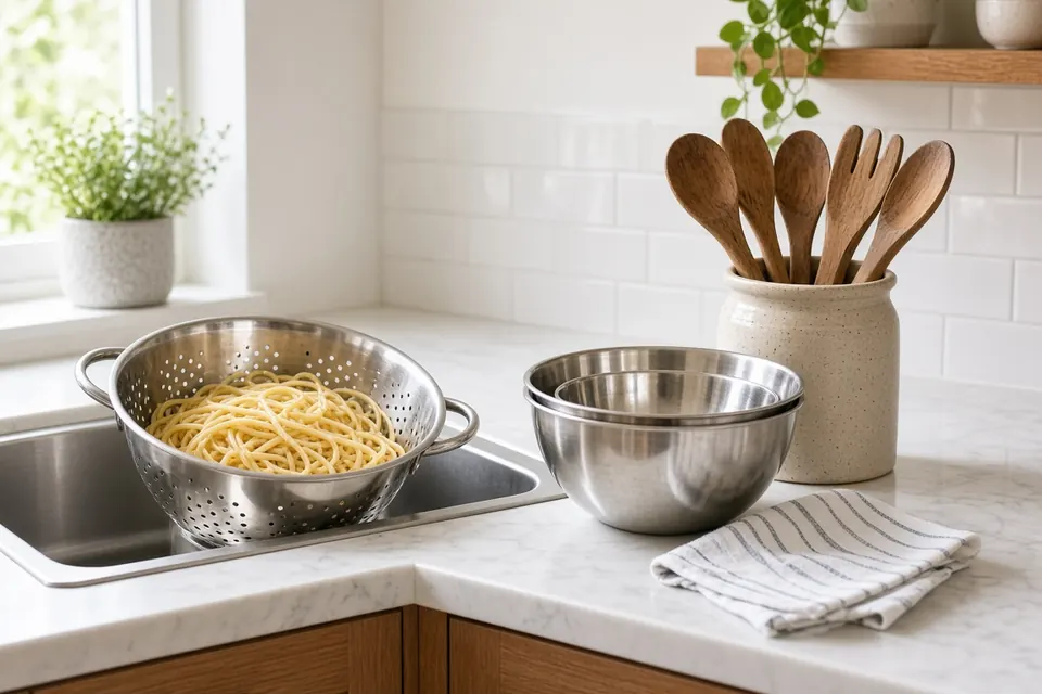 Stainless colander draining pasta beside nested stainless mixing bowls and wooden spoons