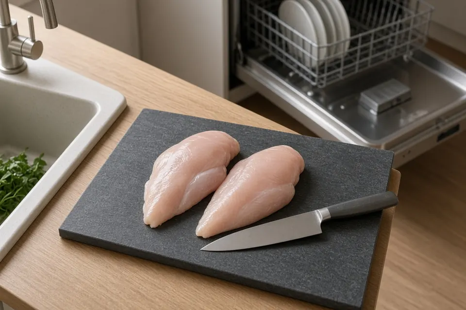 Dark composite cutting board with raw chicken next to an open dishwasher