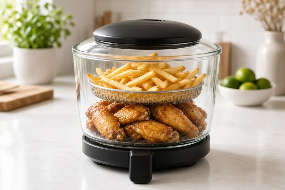 Glass-bowl air fryer with chicken wings and fries