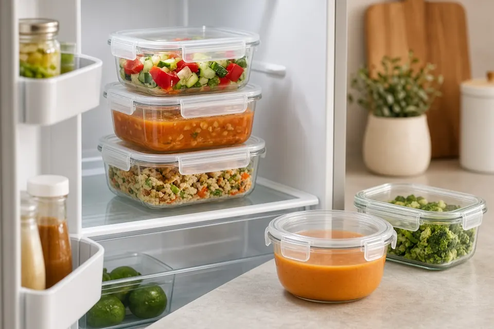 Glass storage containers with snap lids holding leftovers