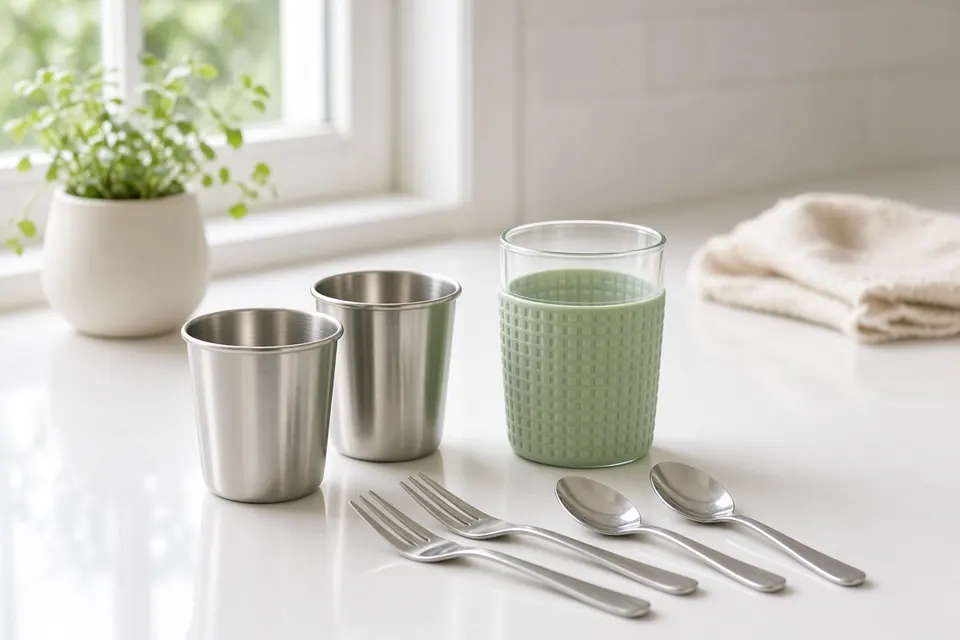 Stainless kids' cups, a sleeved glass tumbler and small stainless forks and spoons