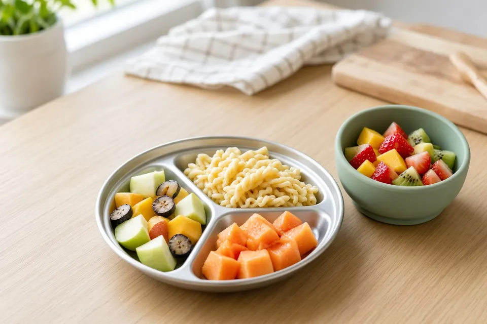 Stainless divided toddler plate with pasta and fruit next to a silicone bowl