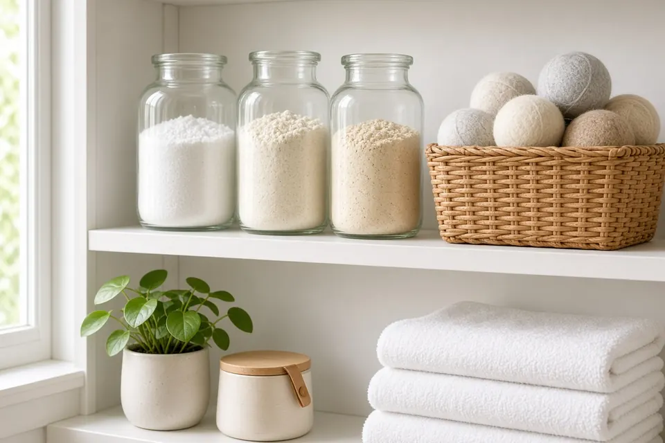 Glass jars of laundry powder, wool dryer balls and folded white towels
