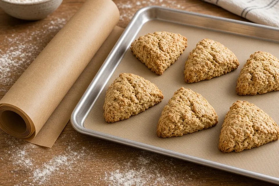 Unbleached parchment roll and a silicone baking mat with scones