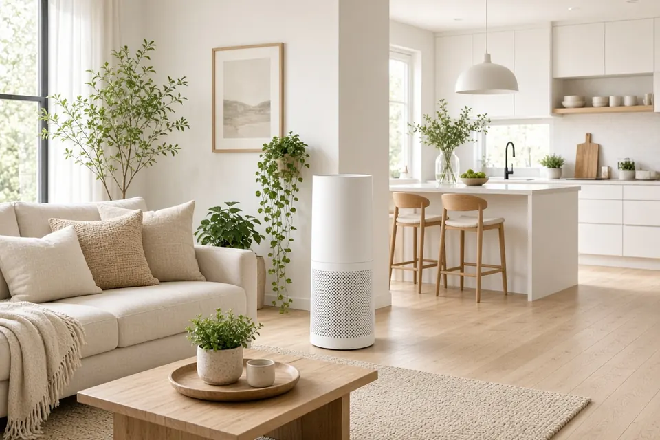 Tall white air purifier in a bright open-plan living room and kitchen