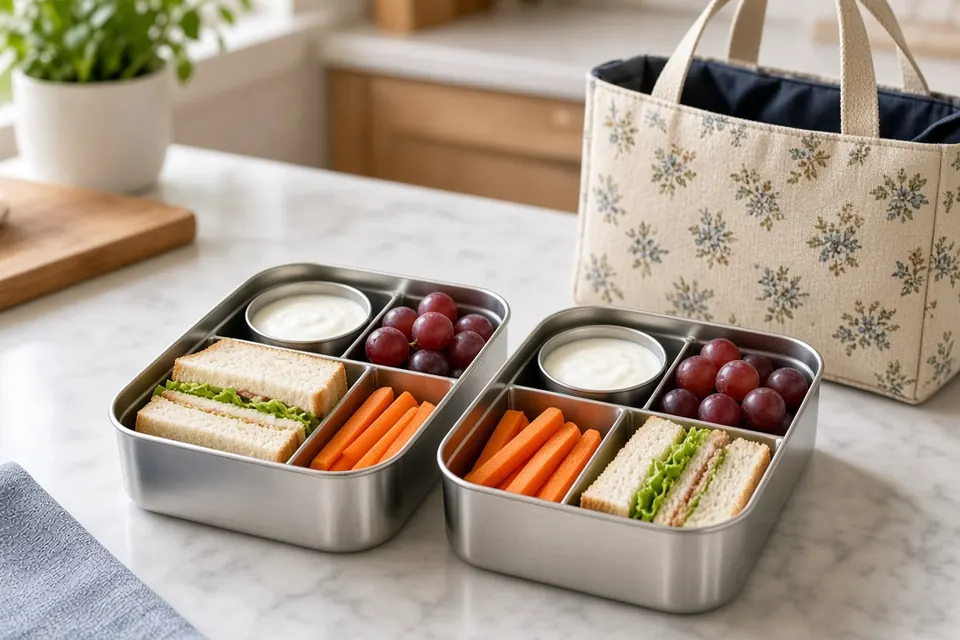 Two stainless steel bento lunch boxes with sandwiches, grapes and carrots