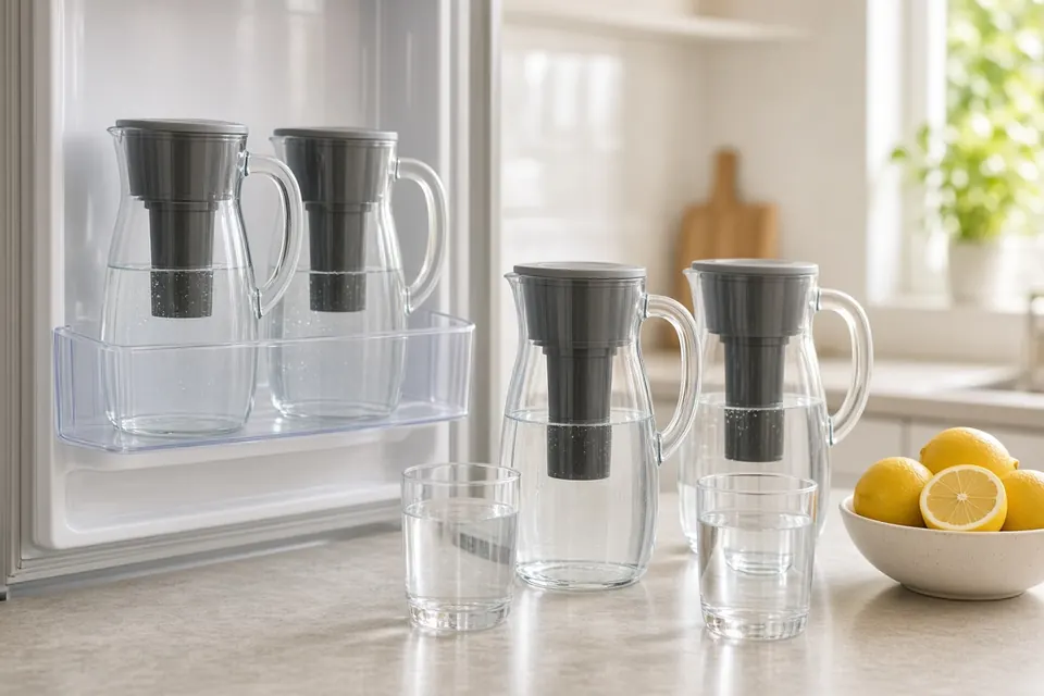 Water filter pitchers and glasses of water