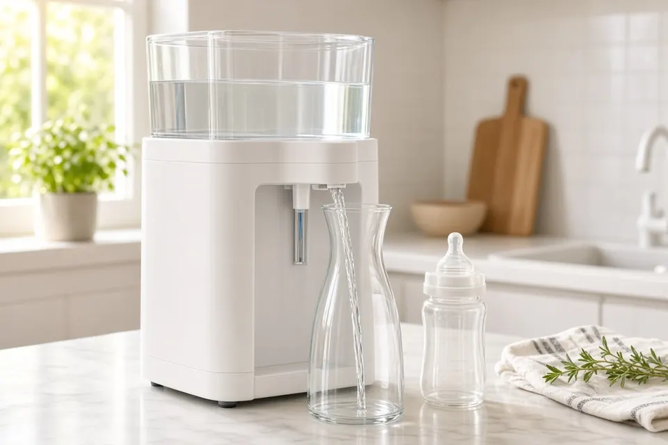 Countertop reverse osmosis filter filling a glass carafe next to a baby bottle
