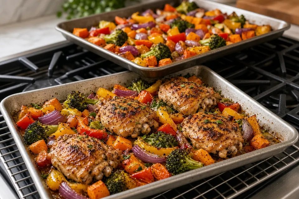 Sheet pans of roasted vegetables and chicken thighs