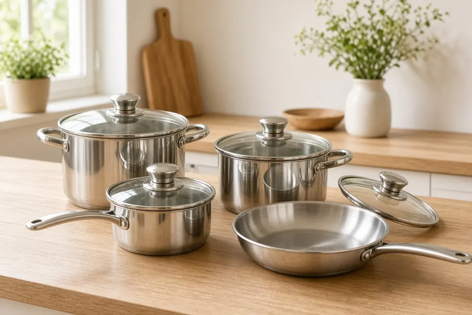 Set of stainless steel pots and pans with glass lids