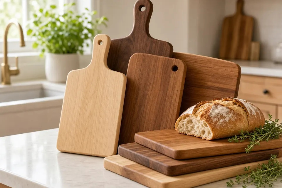 Maple, walnut and teak cutting boards with a loaf of bread