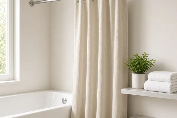 Natural cotton shower curtain on a rod beside a white bathtub