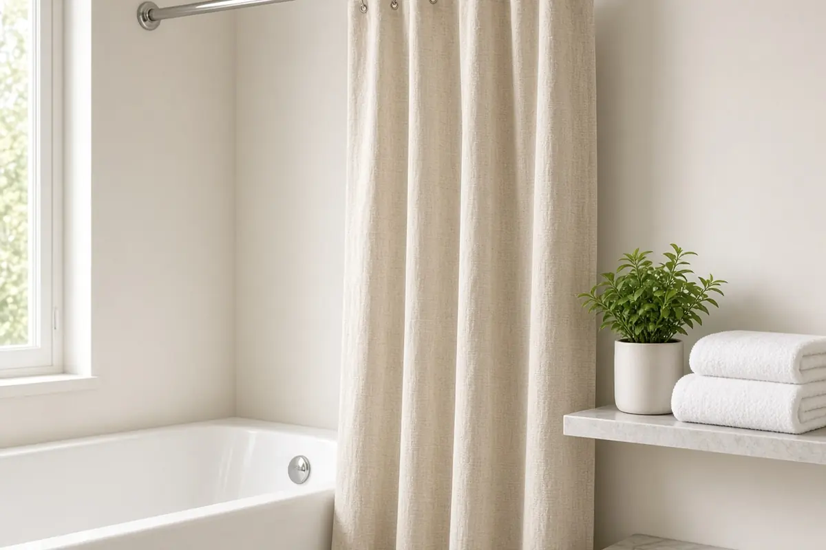 Natural cotton shower curtain on a rod beside a white bathtub