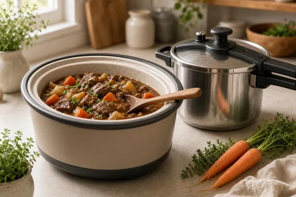 Ceramic-crock slow cooker of beef stew next to a stainless pressure cooker