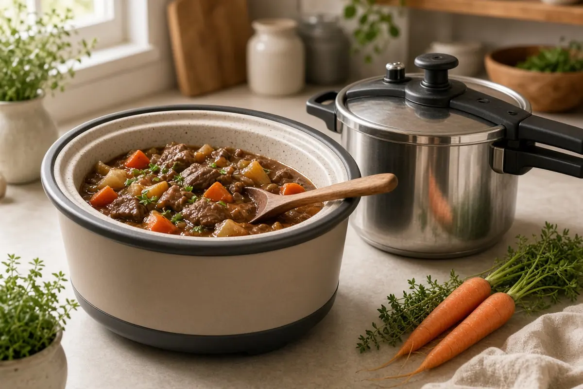 Ceramic-crock slow cooker of beef stew next to a stainless pressure cooker