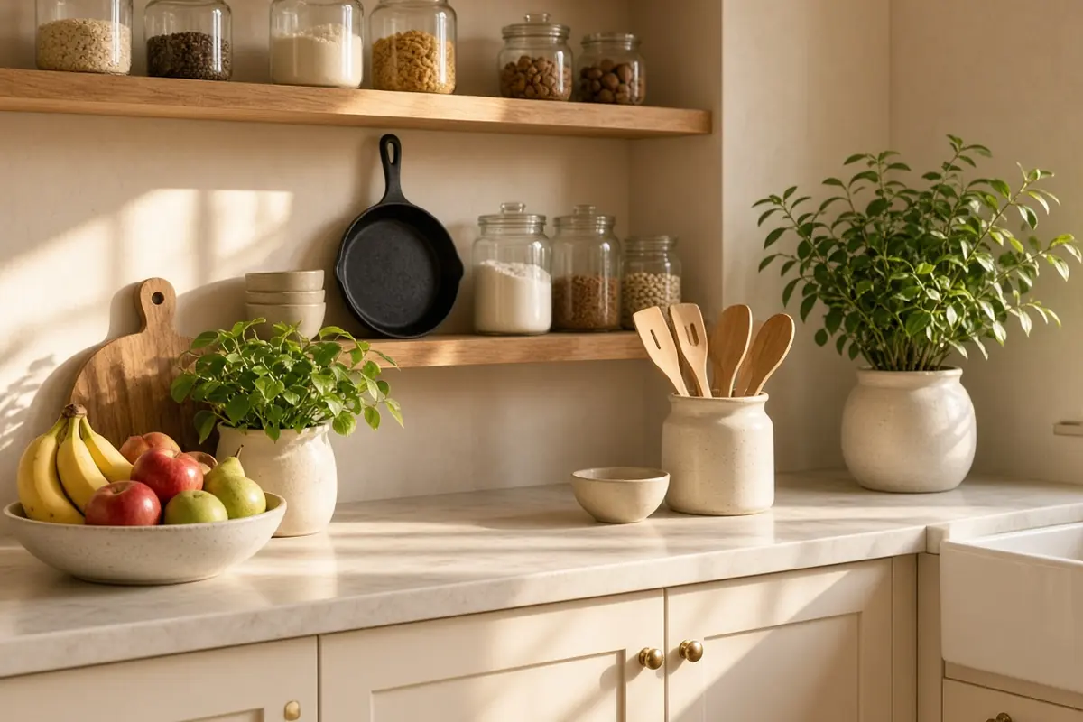 Calm kitchen with glass pantry jars, a cast iron pan and fresh fruit