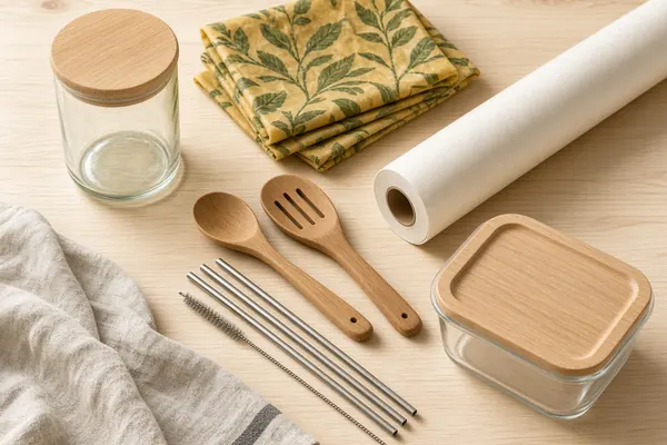 Glass jar, beeswax wraps, wooden spoons, steel straws and parchment on a wood counter